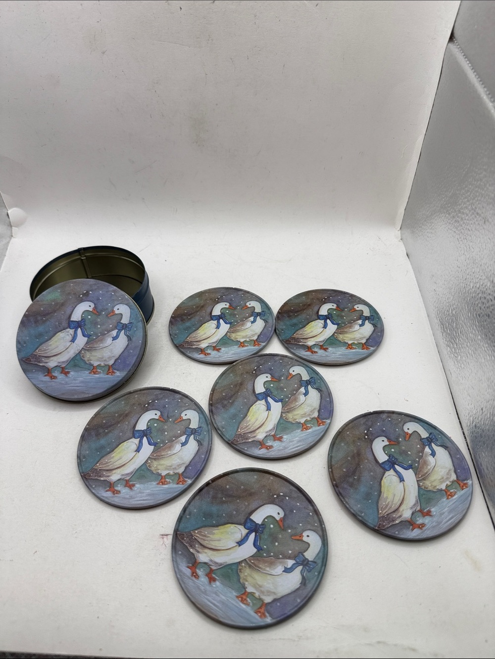Vtg JSNY Snow Geese Duck Coaster Set 6 Tin Holder Blue Cork Cottage Farm